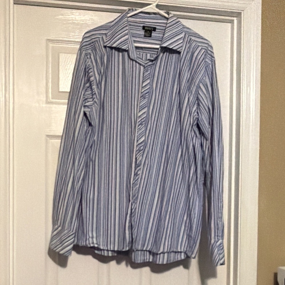 BRUNO Men's Dress Shirt XL Regular Blue/White Striped Cotton Long Sleeve Button